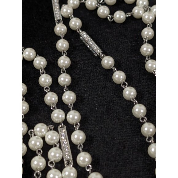 Retro White Faux Pearl Rhinestone Bar Necklace Long Layering Bridal Wedding 40" - Picture 5 of 7